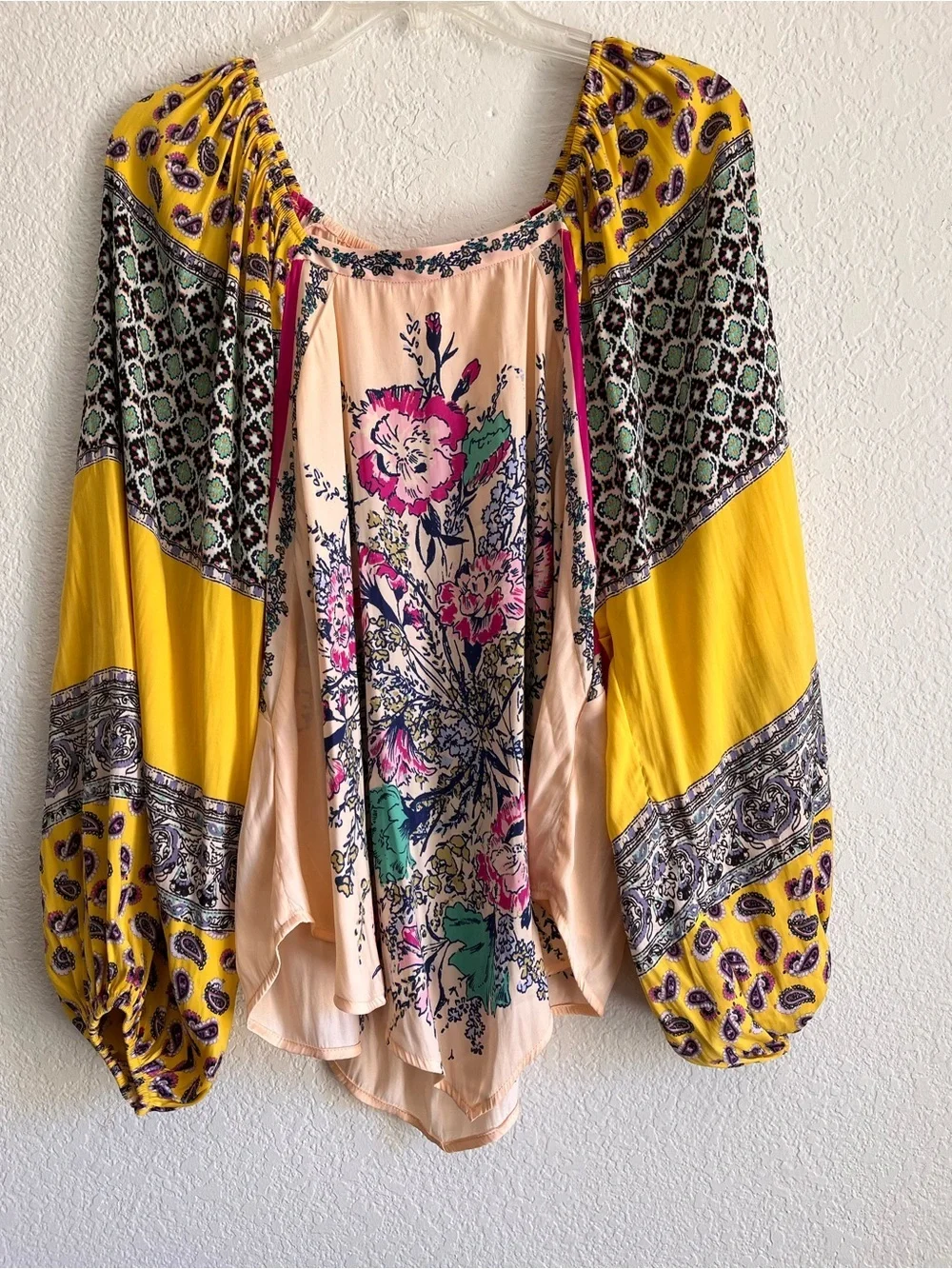 Free People Yellow Flowey Floral Mixed-Print Handkerchief Hem Blouse Size XS